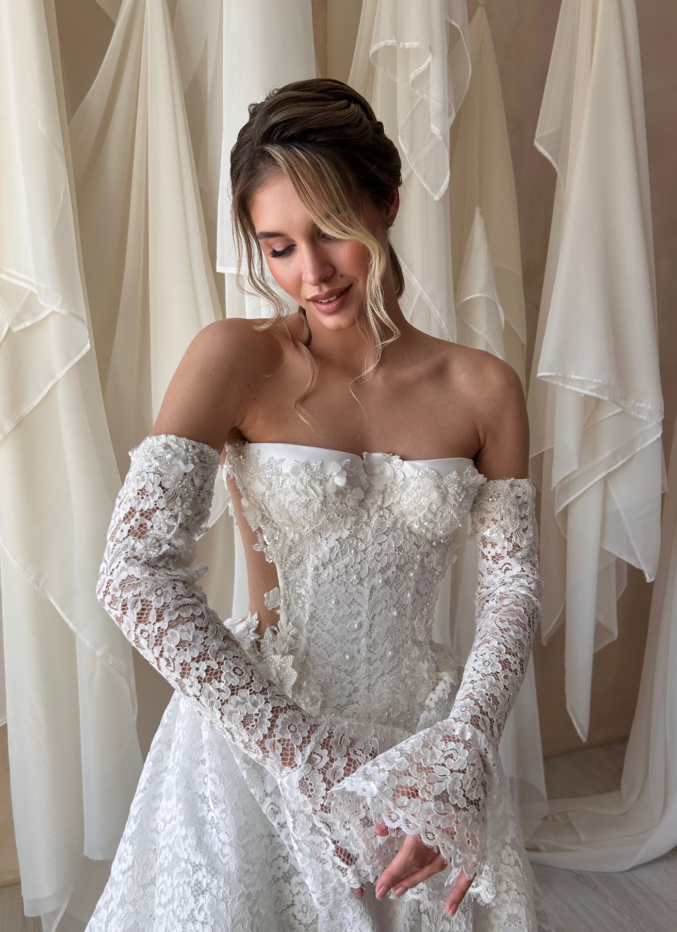 Katarina — LEMAKS Famous strapless lace corset gown with matching lace gloves