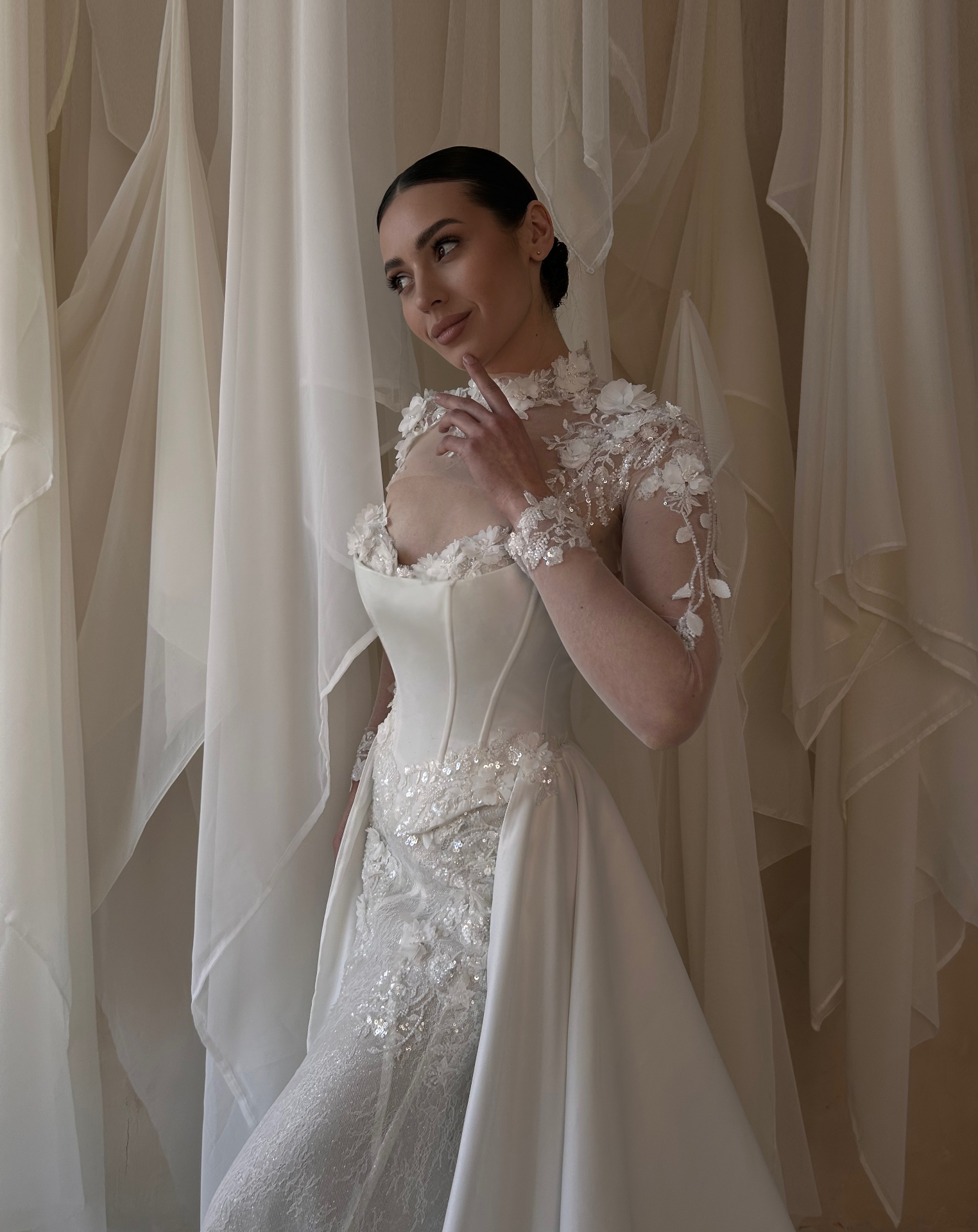 Annabelle — close-up of floral appliqués on sheer high-neck bodice