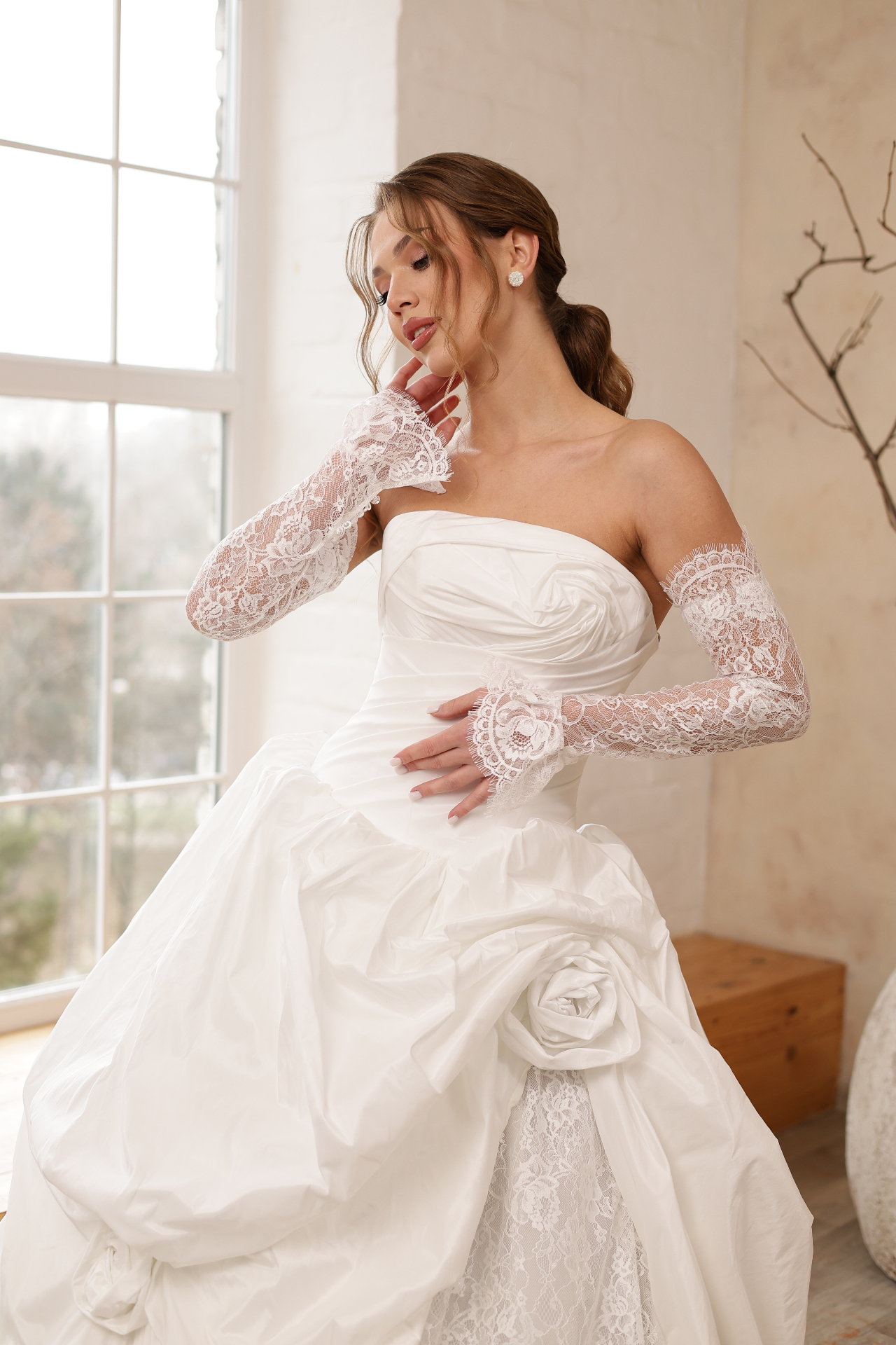 Sarah — close-up of draped strapless bodice and matching lace gloves