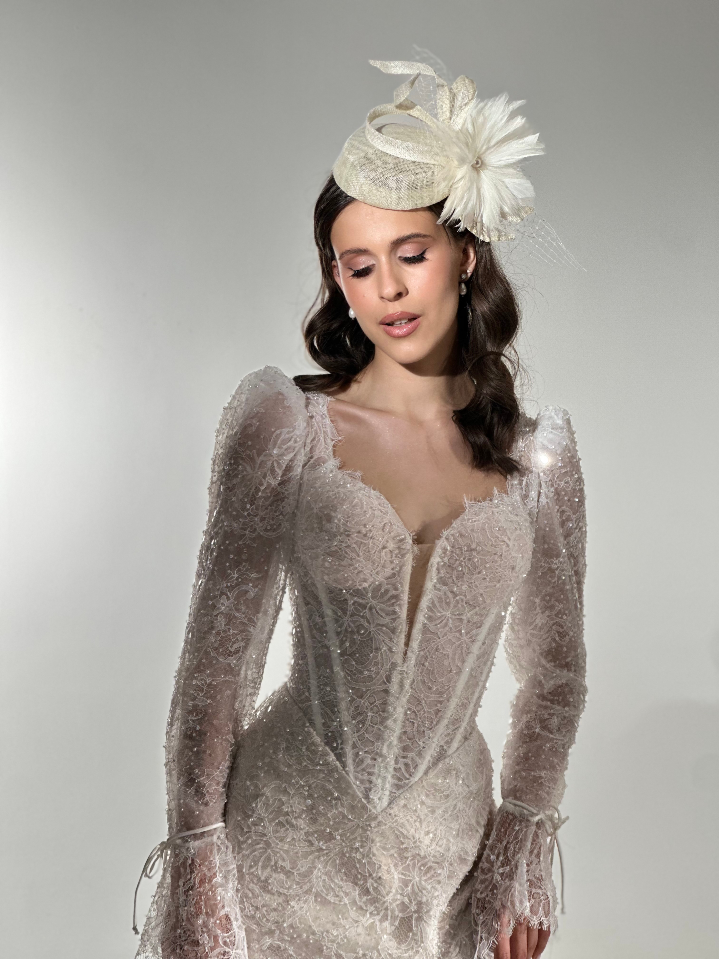 Melanie — beaded lace bodice and sheer puff sleeves close-up