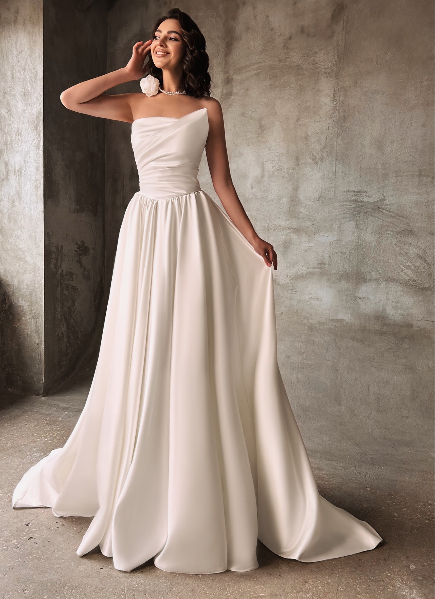 Roberta — strapless styling of the draped satin bodice and full A-line skirt without the lace overlay