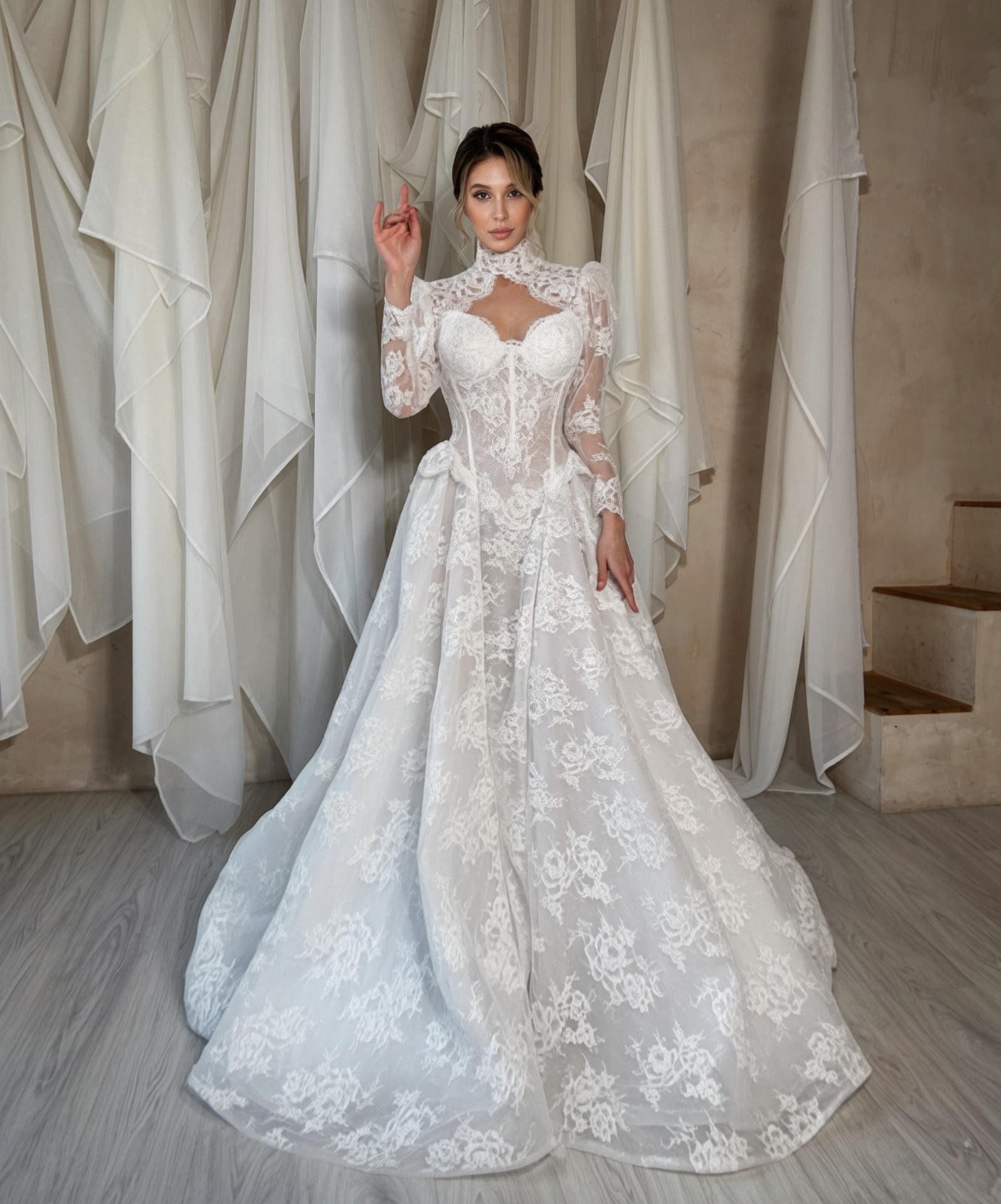 Monica — LEMAKS Famous lace ballgown with high-neck overlay and full floral skirt