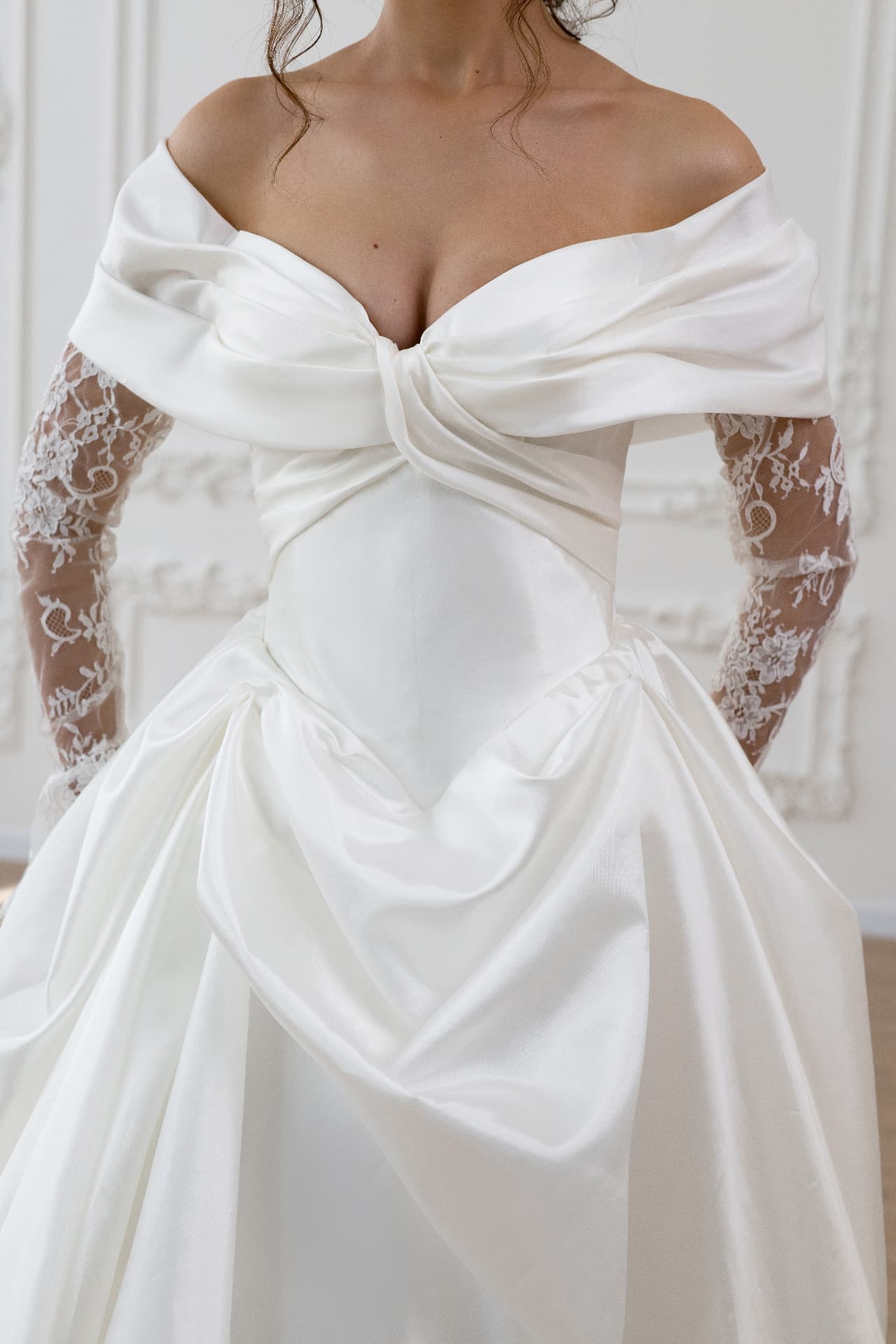 Aphrodite — twisted draped bodice with basque waistline and gathered skirt draping