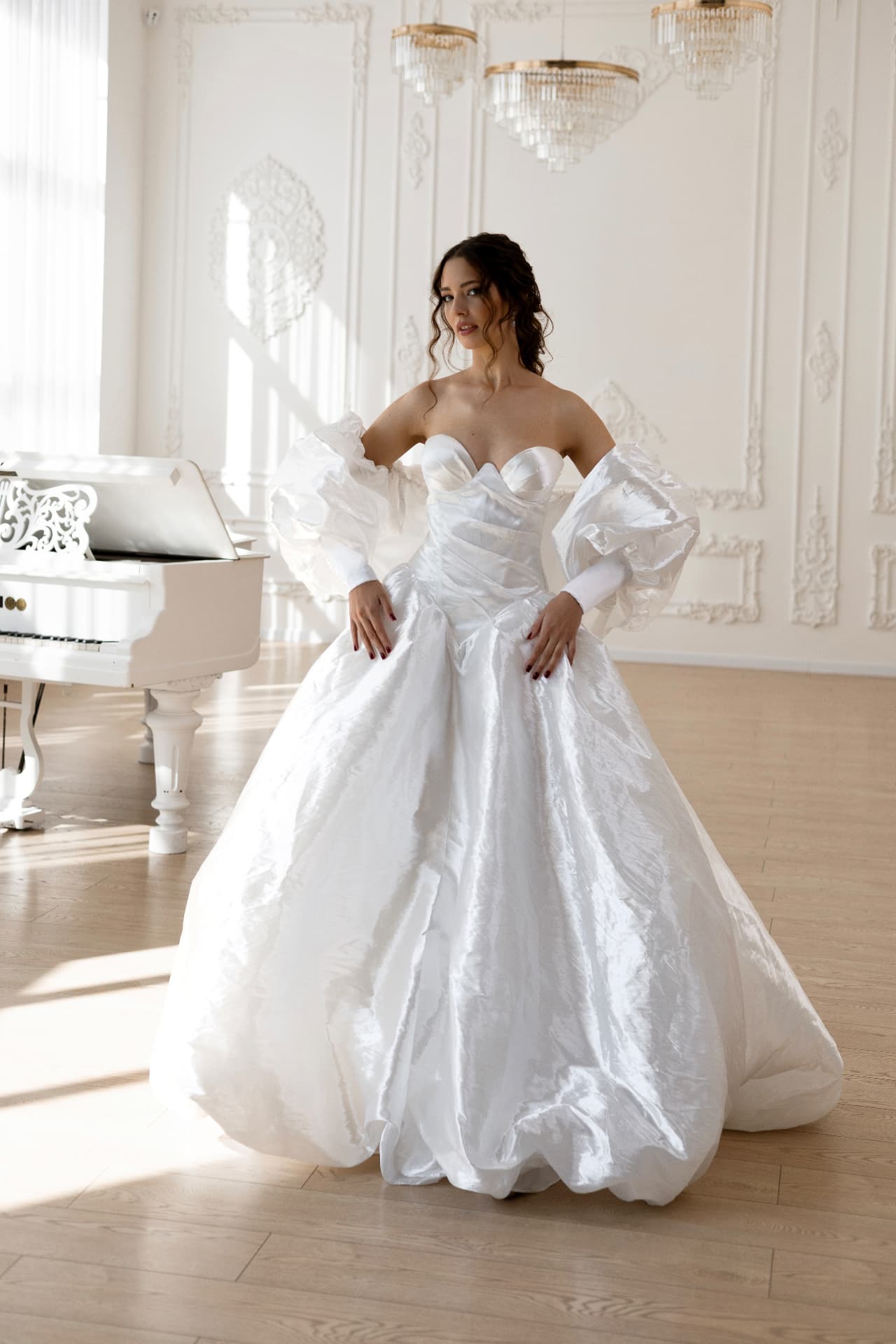 Selene — full-length front view with voluminous jacquard ball gown skirt