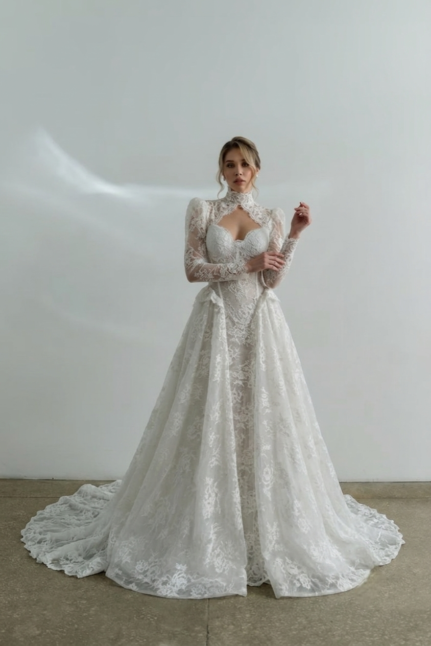 Monica — alternate styling with an off-shoulder neckline and regal floral lace ballgown silhouette