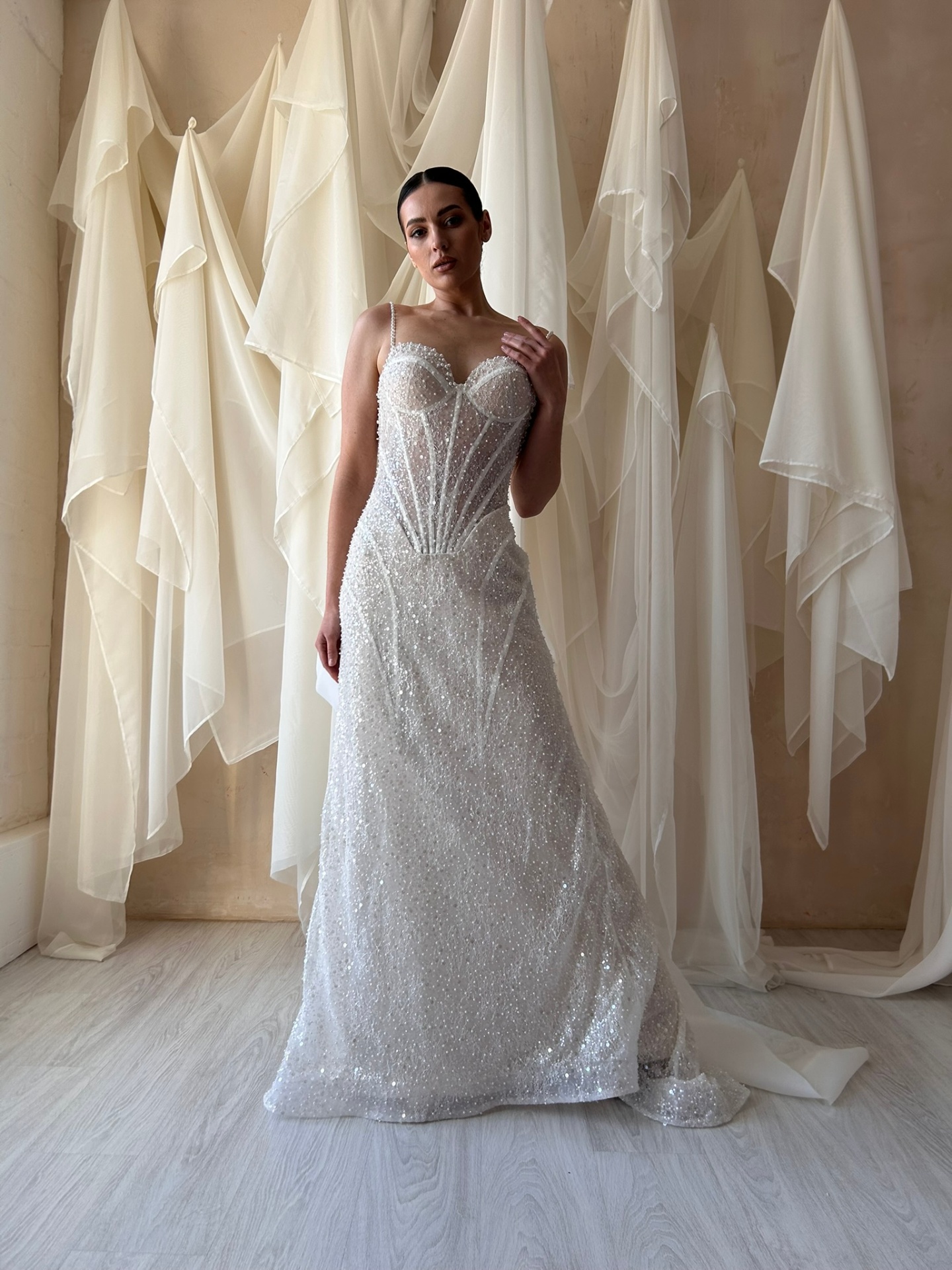 Michele — LEMAKS Famous shimmering beaded gown with corset bodice and spaghetti straps