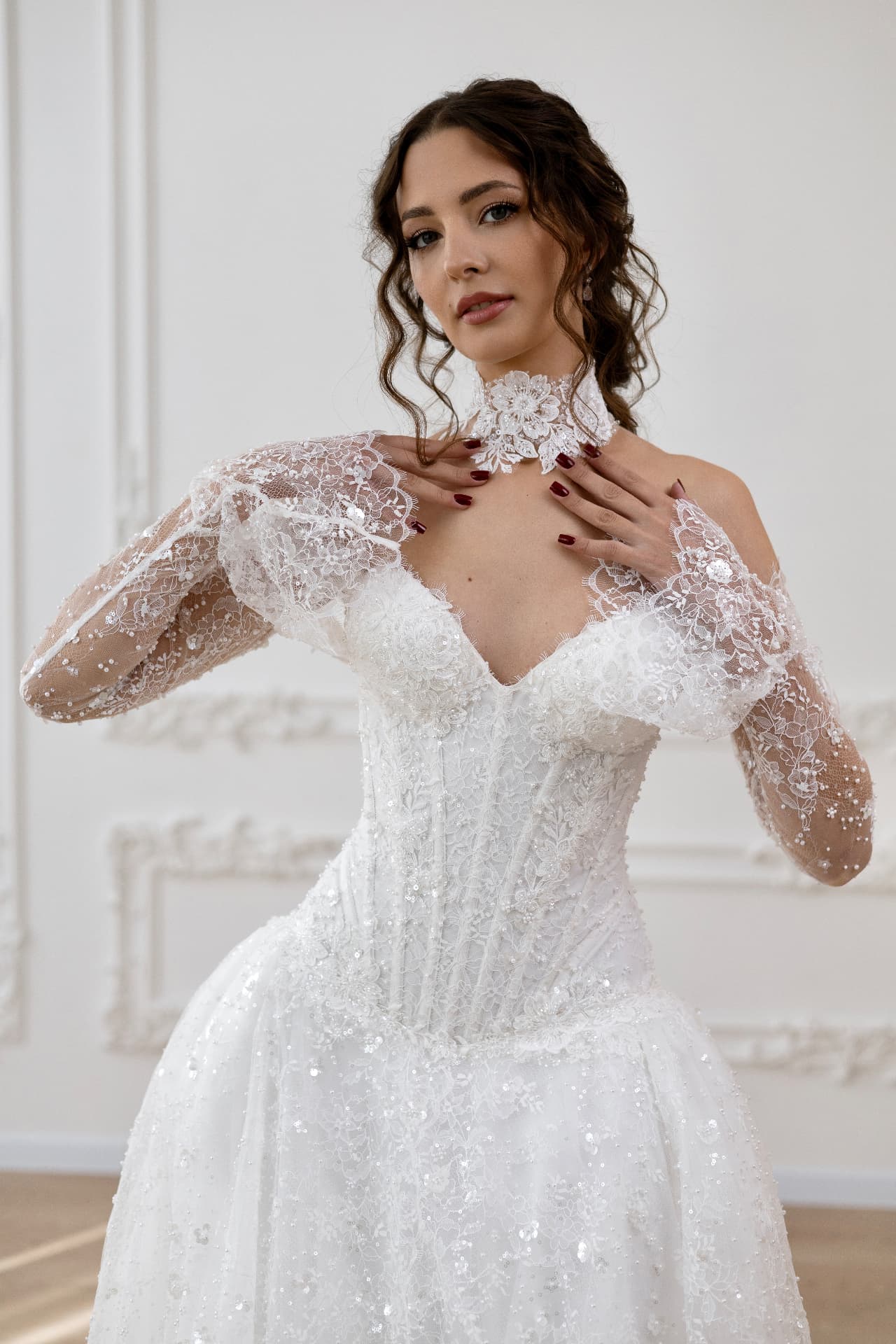 Artemis — LEMAKS Goddess floral lace ball gown bridal dress with sweetheart neckline and off-the-shoulder lace sleeves