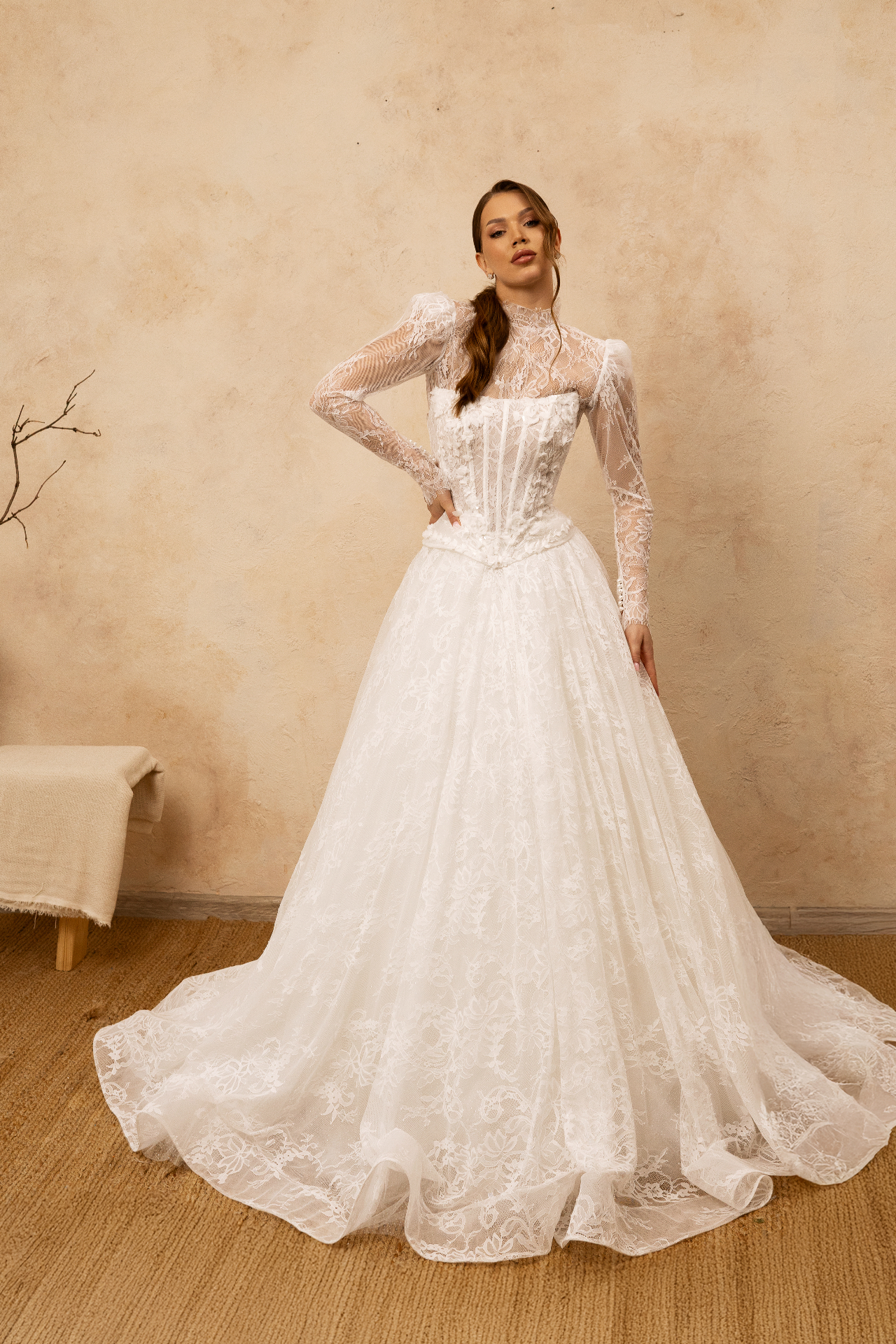 Julia — high-neck lace overlay styling