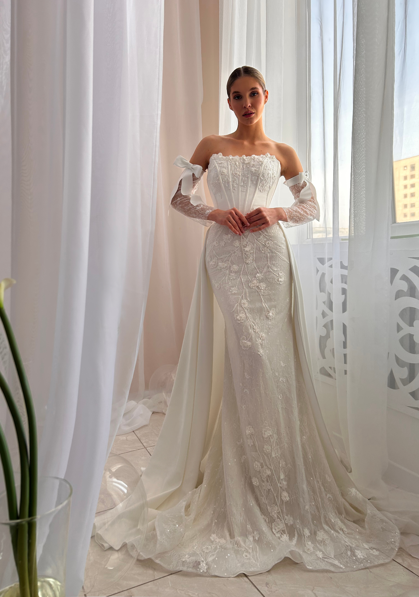 Delilah — LEMAKS Famous mermaid gown with lace corset bodice, detachable lace sleeves, and flowing overskirt