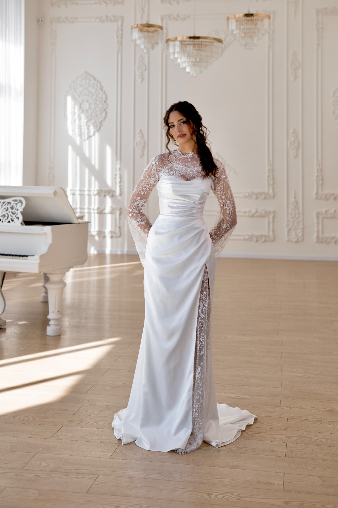 Asteria — LEMAKS Goddess satin bridal gown with draped bodice, sheer lace sleeves and thigh-high slit