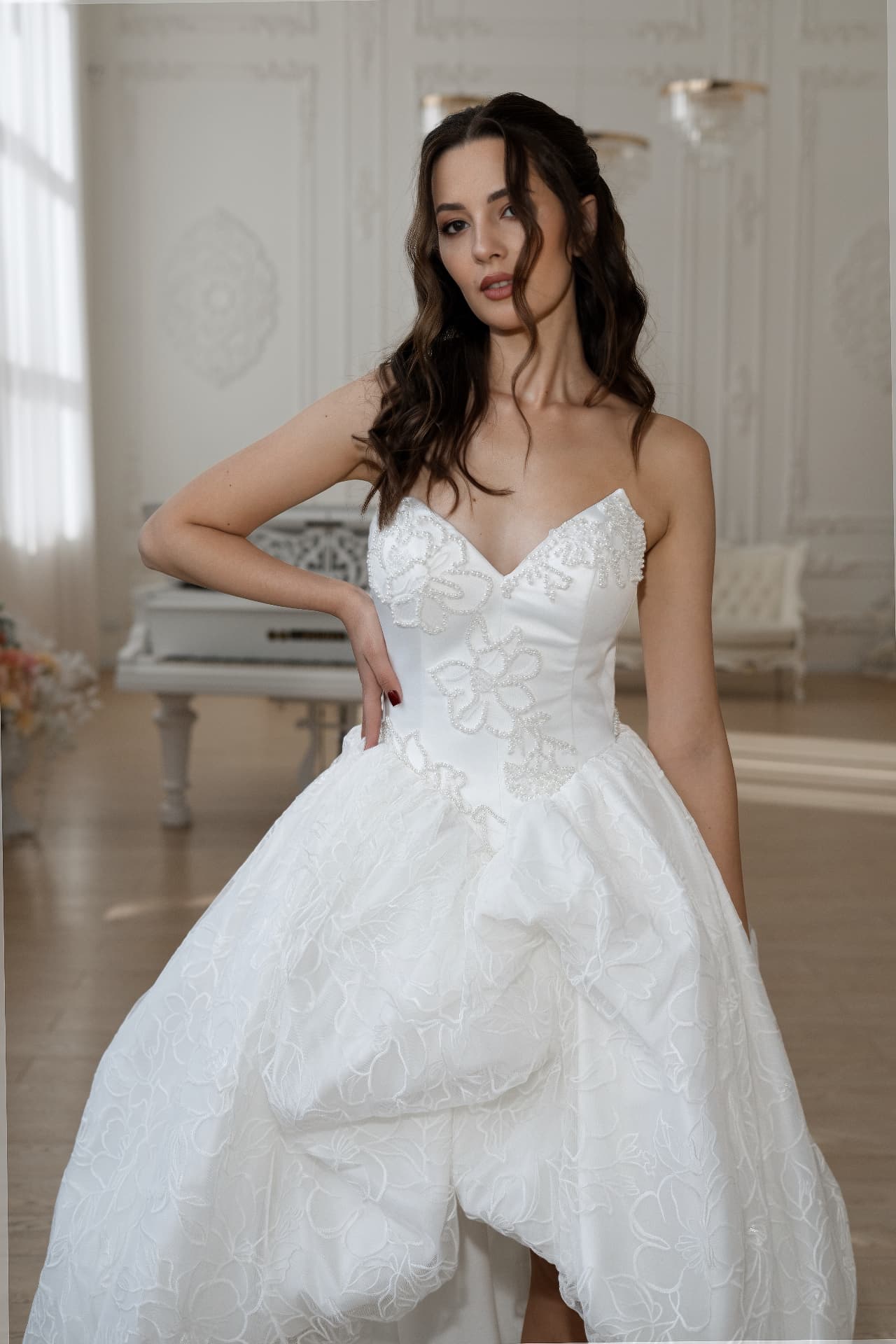 Eos — sweetheart corset and sculptural floral lace skirt