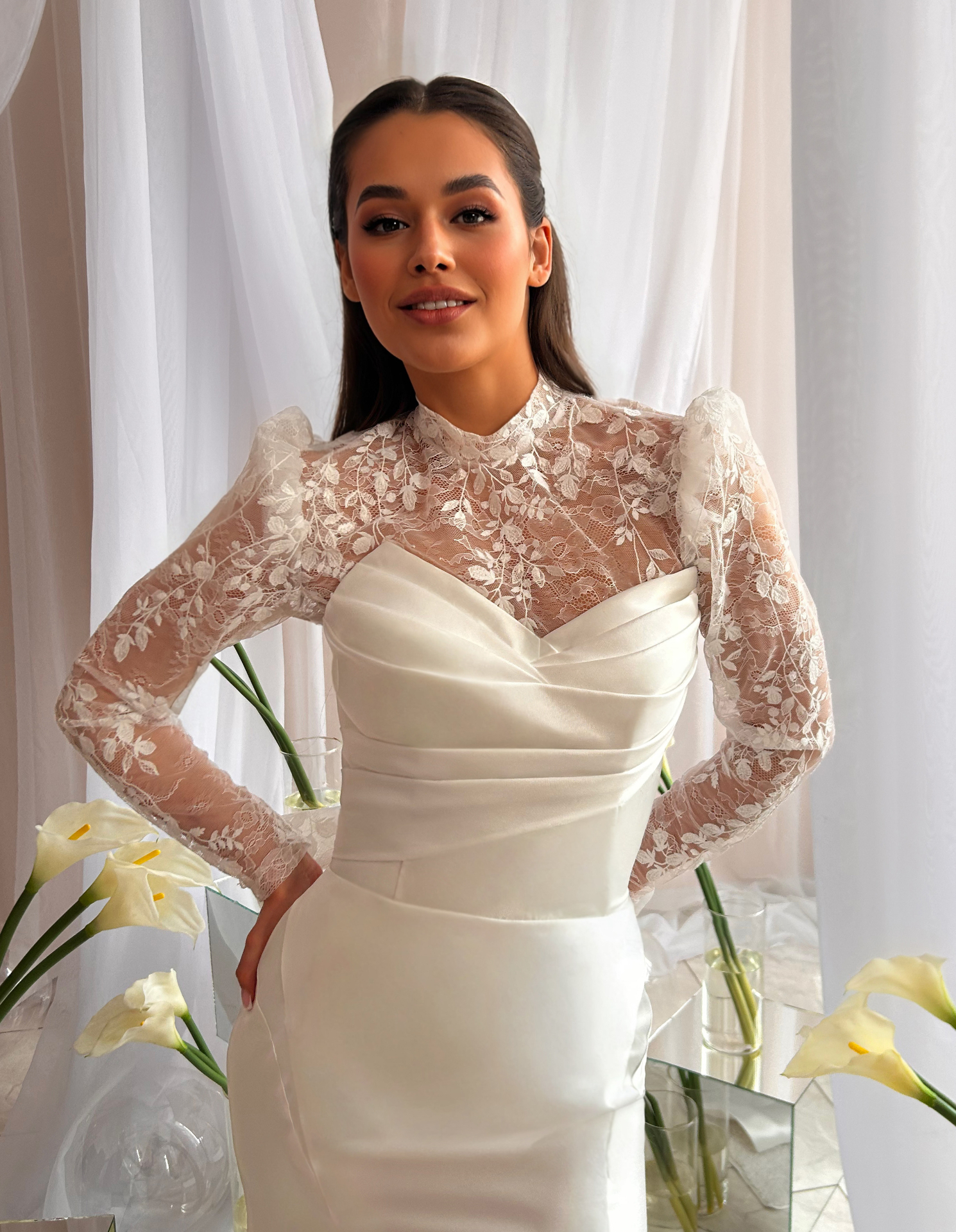Vlada — close-up of the high-neck floral lace yoke, structured puff shoulders and pleated sweetheart satin bodice