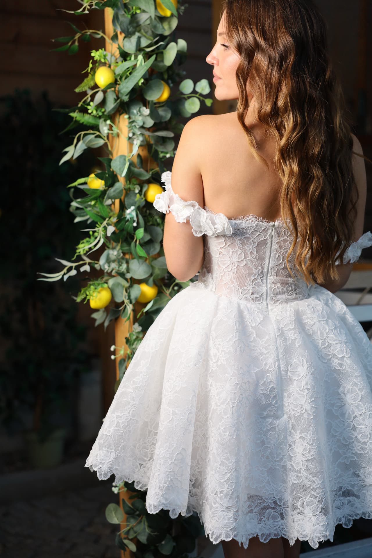 SATIN — back view, corset-style bodice and softly flared lace skirt
