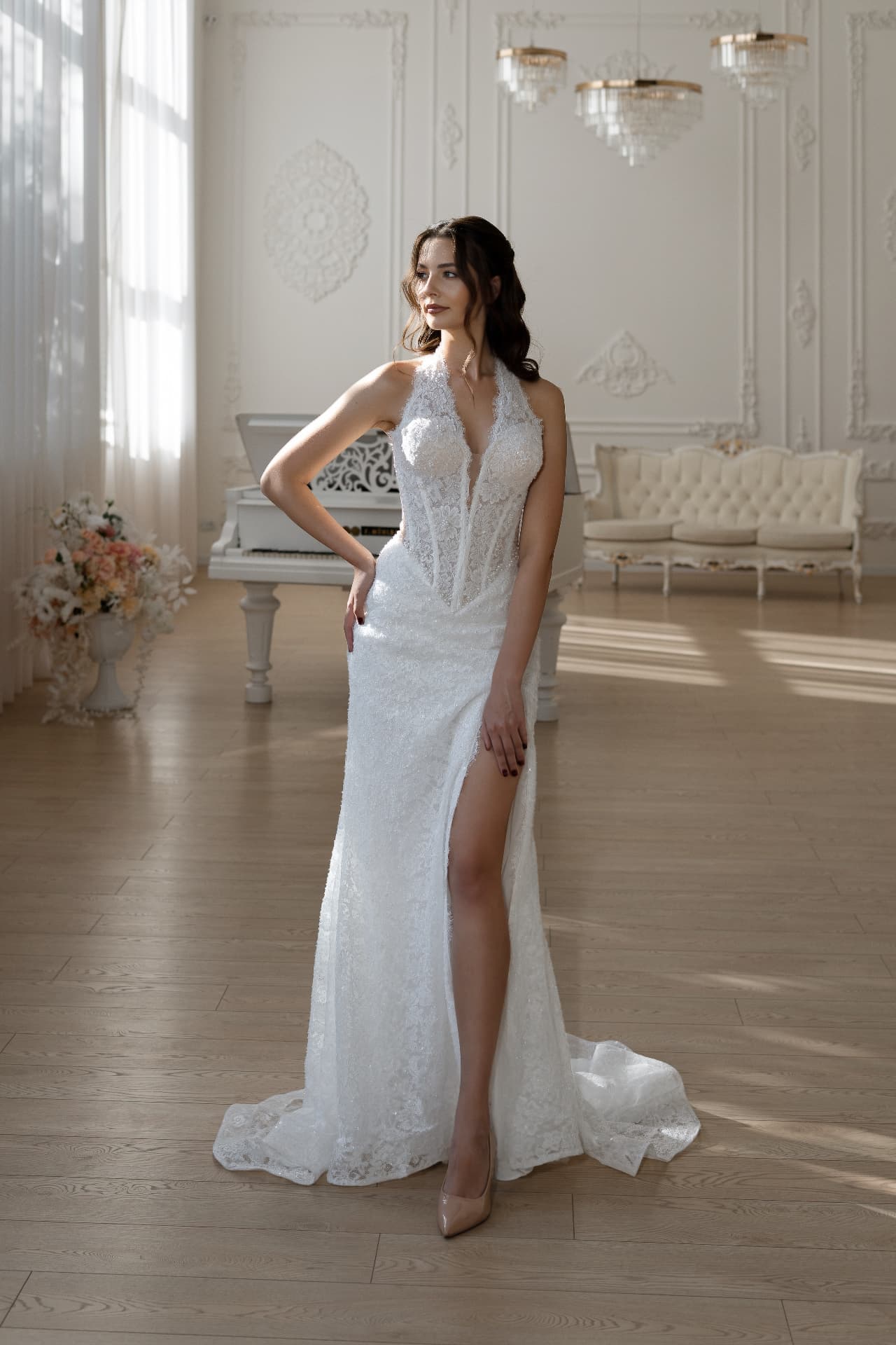 Nike — thigh-high slit with delicate lace edging