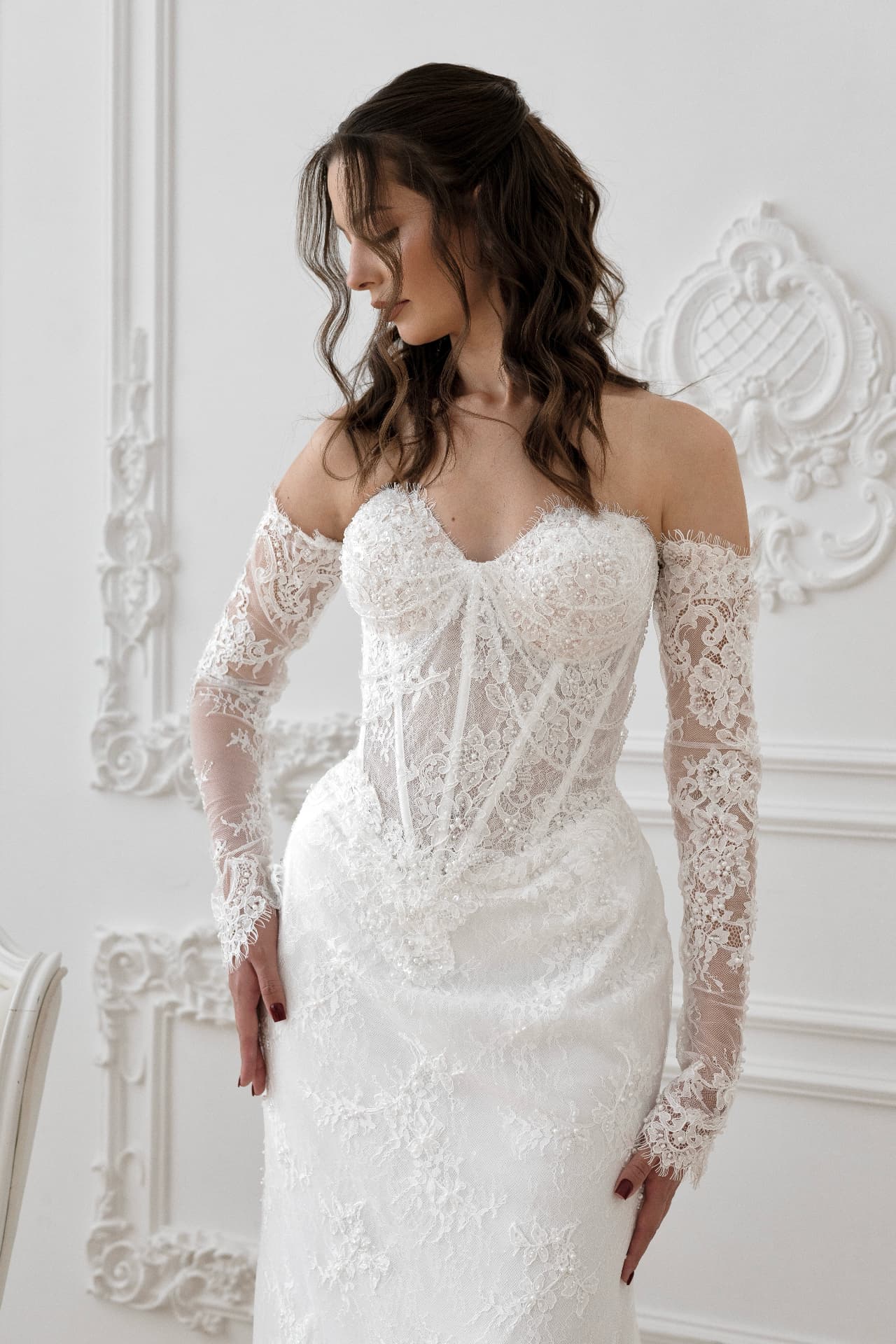 Lachesis — three-quarter view with lace sleeves and corset bodice