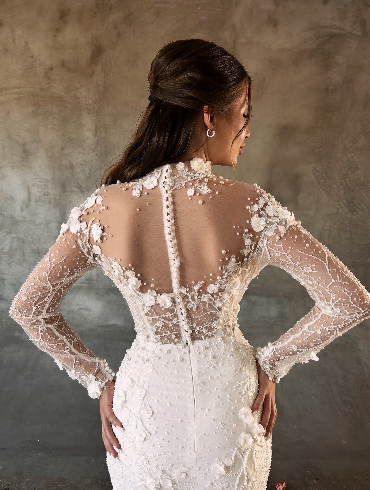 Josephine — back view of illusion bodice with pearl buttons and 3D floral appliqués