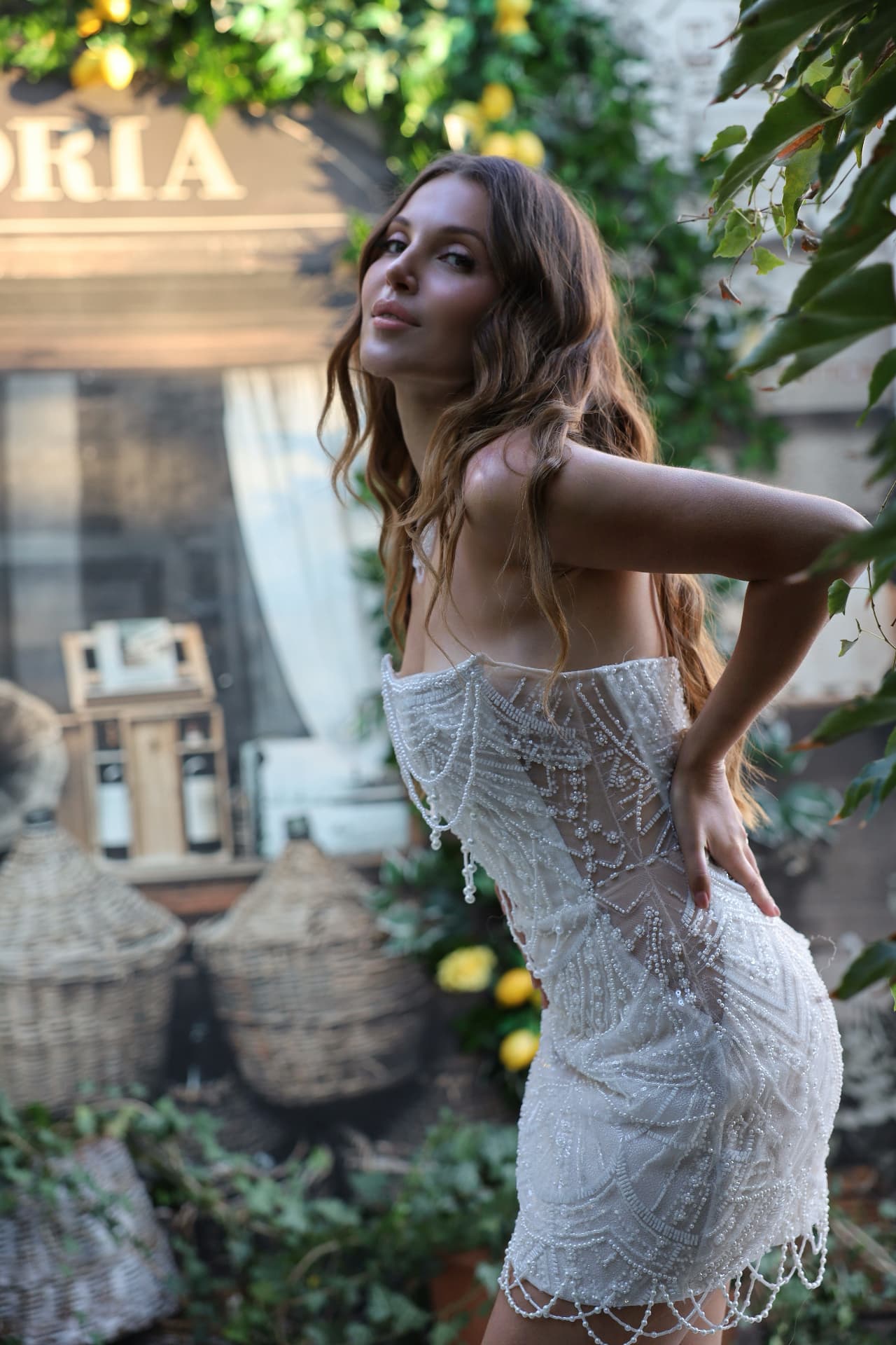 MUSE — side view, intricate pearl and bead embroidery on sheer panels