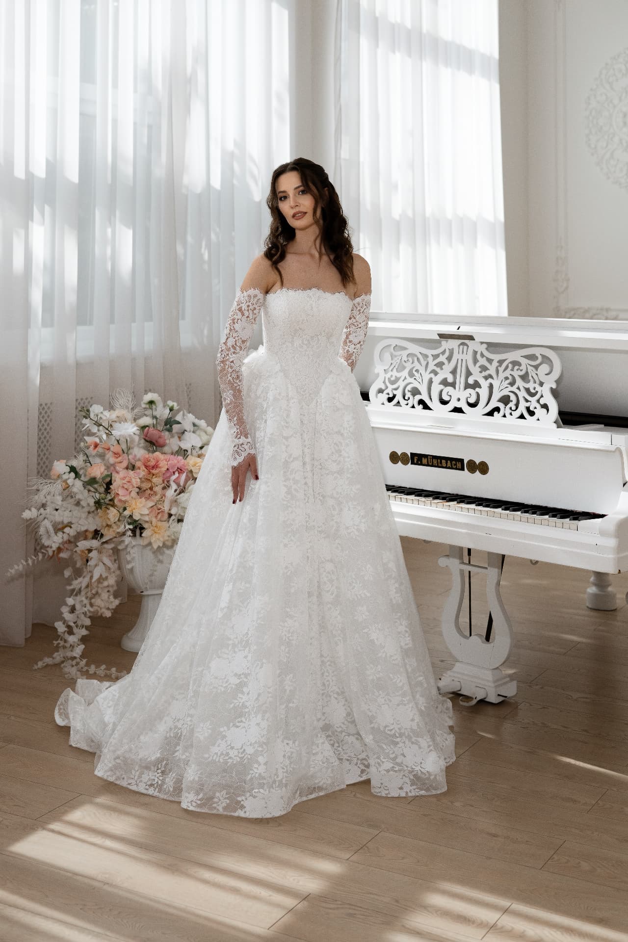 Andromeda — LEMAKS Goddess floral lace bridal gown with off-the-shoulder neckline and long lace sleeves