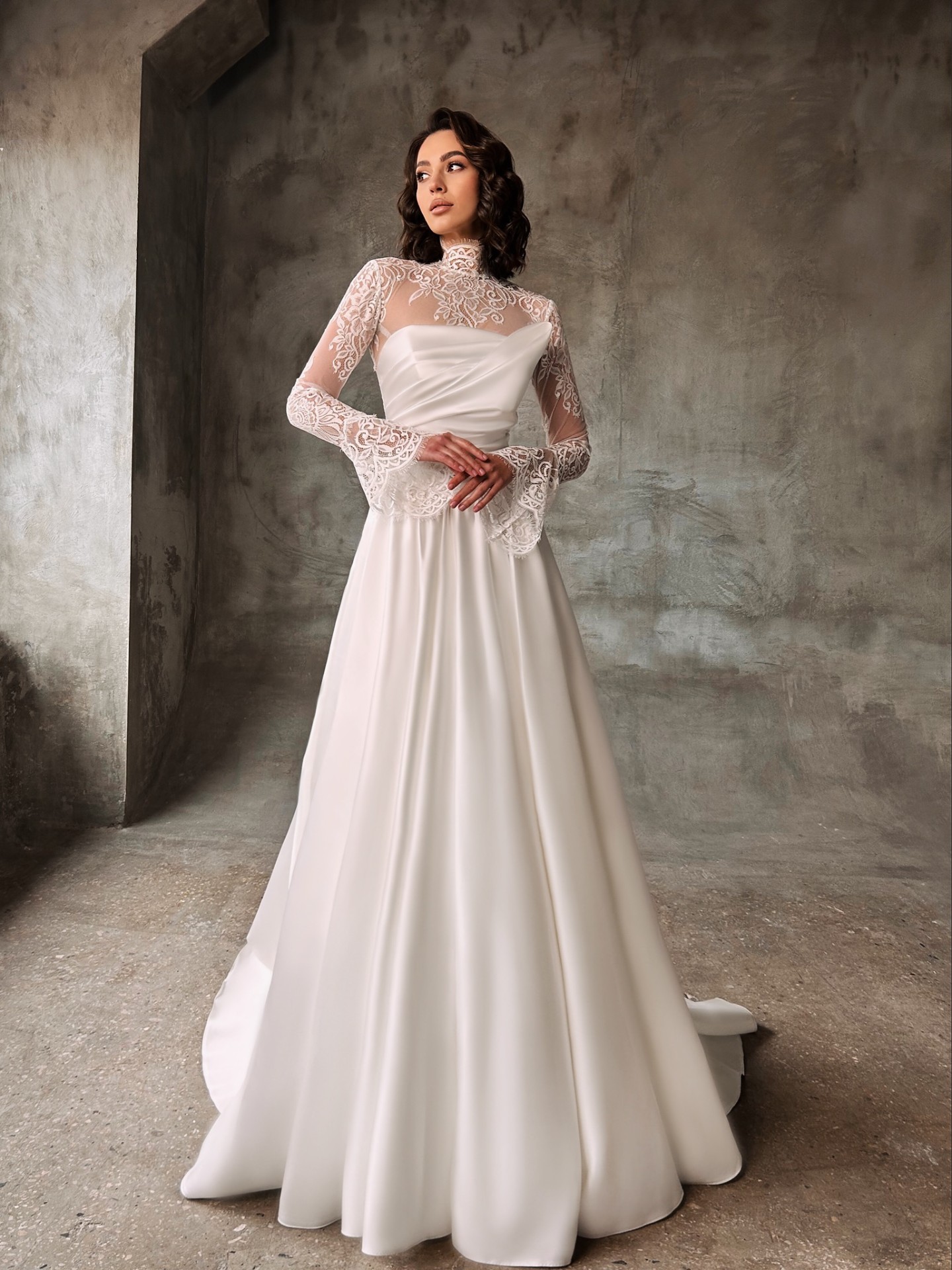 Roberta — LEMAKS Famous A-line satin gown with sheer high-neck lace yoke and flared sleeves