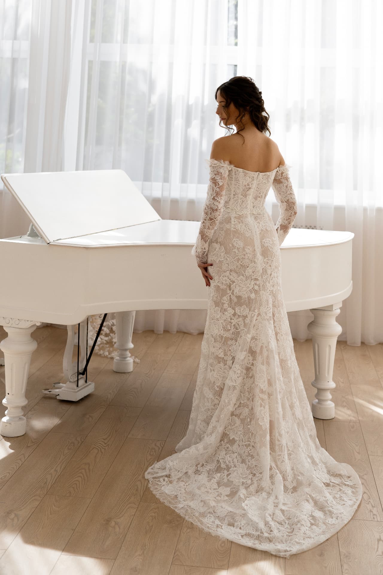 IRIS — full back view with lace train pooled on the floor