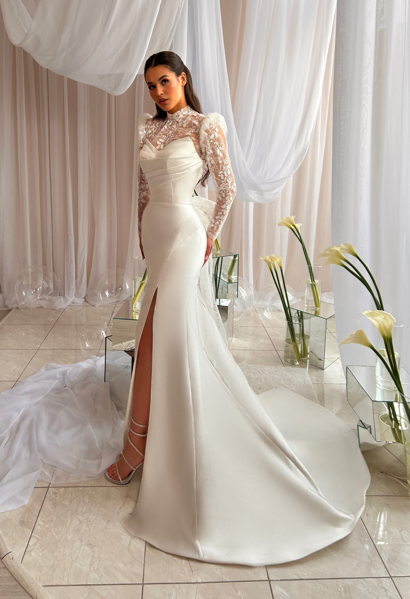 Vlada — LEMAKS Famous fit-and-flare gown with high-neck lace bodice, long sleeves and high-thigh slit