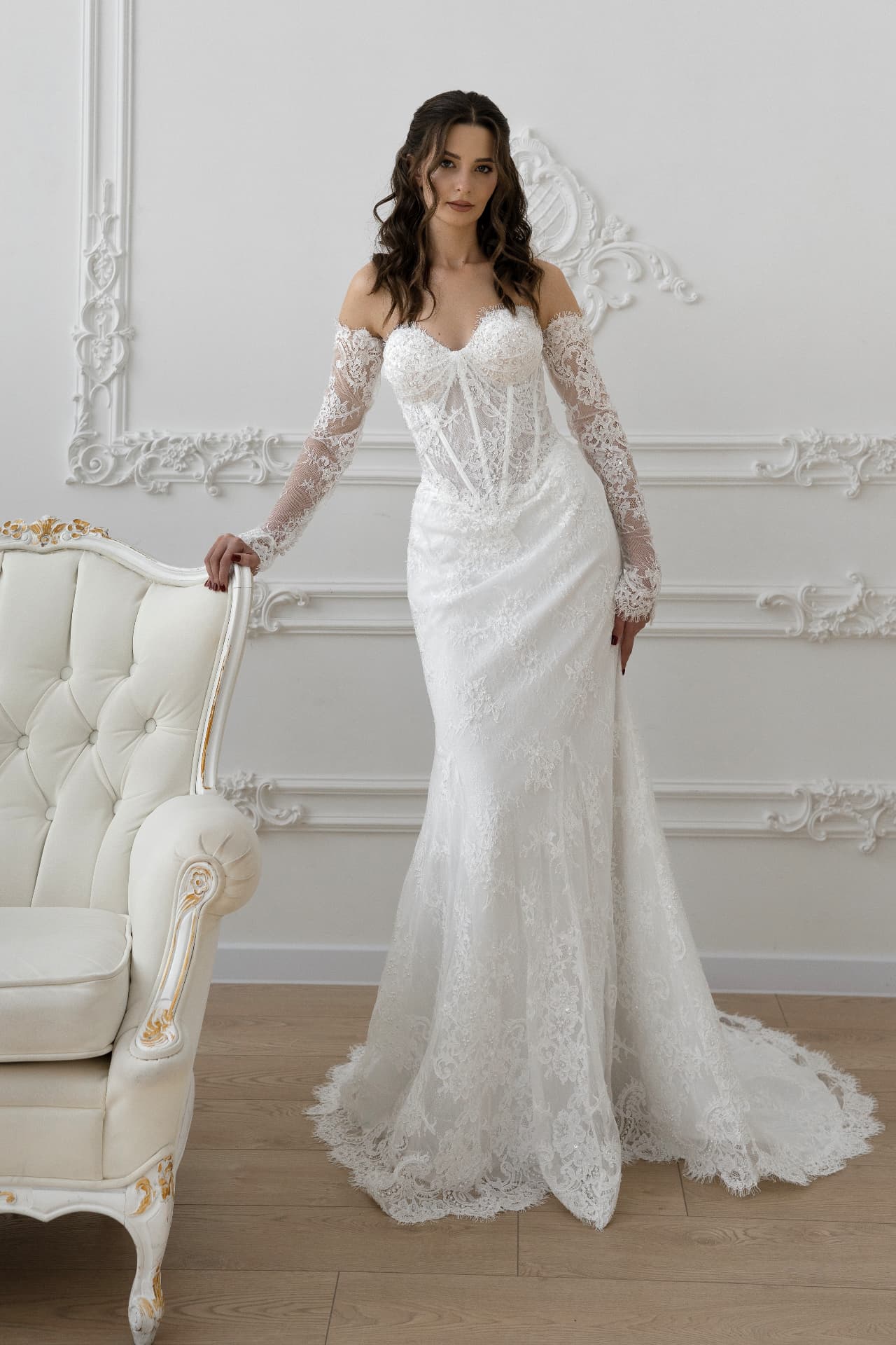 Lachesis — off-the-shoulder long lace sleeves and fitted silhouette