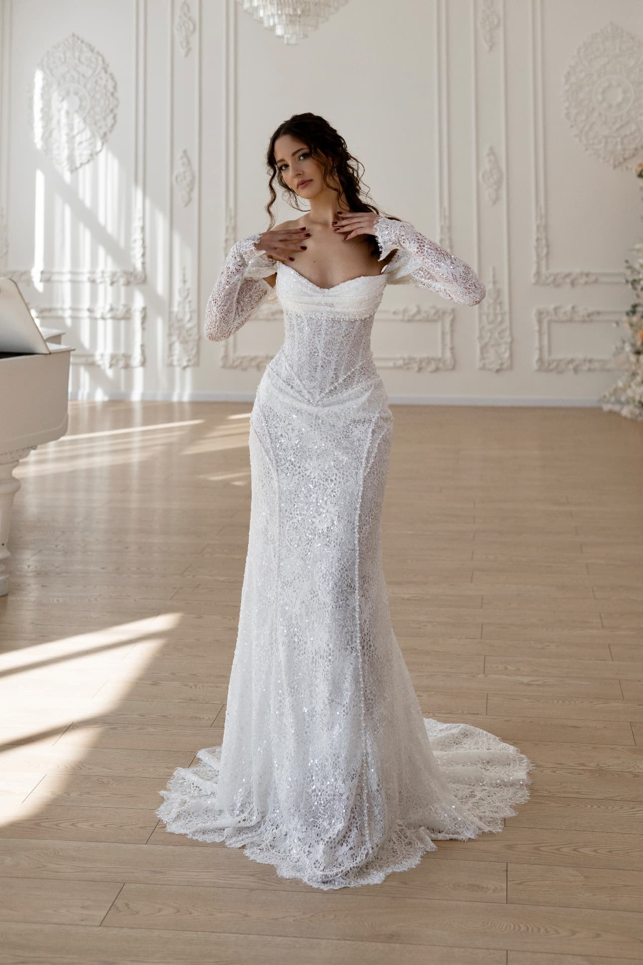 Persephone — LEMAKS Goddess lace mermaid bridal gown with sweetheart neckline, off-the-shoulder long lace sleeves and lace train